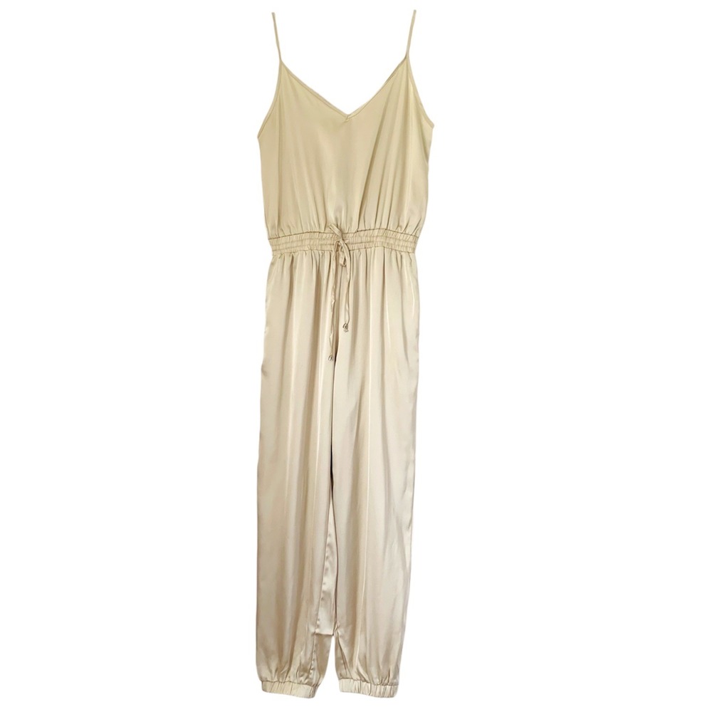 Entro Jumpsuit Women Small Champagne Beige Satin Jogger V-Neck Luxe Party Silky